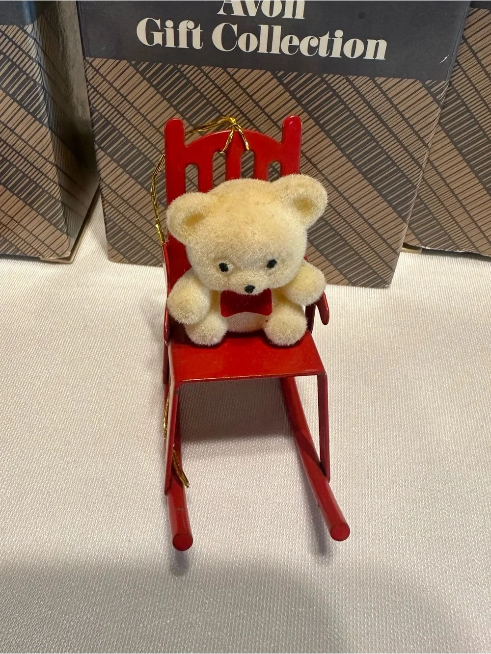 Vintage Avon Gift Collection White Teddy Bear Ornaments with Red Accents